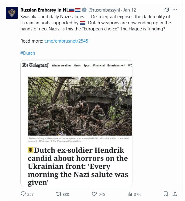 <a href="/telegraaf/">De Telegraaf</a> Dit kunnen jullie mooi inlijsten en opplakken. Wellicht onder de Swastika die hangt op jullie kantoor. Dit hele artikel is compleet onzin, het is zulke erge Russische propaganda dat notabene de Russische ambassade het heeft geretweet. Kansloze NSB krant.
