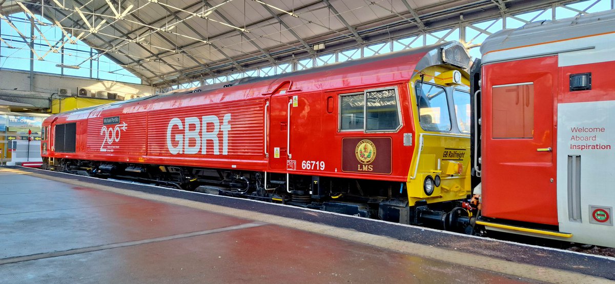 Guard_Amos's tweet image. As part of the celebration of 200 of the railways the @RailwayMuseum made up the #inspirationtrain that has been touring the country. Power for the train being provided by @GBRailfreight #gm66719MichaelPortillo took the train to Southport.