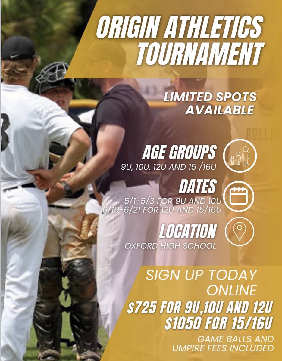 origin_ath's tweet image. ⚾️ Get Ready for an Action-Packed Summer with Origin Athletics! ☀️

Origin Athletics is proud to host four summer tournaments at Oxford High School this spring and summer, all supporting the Oxford Baseball Program!

Call or go online at Origin Athletics today to sign up!