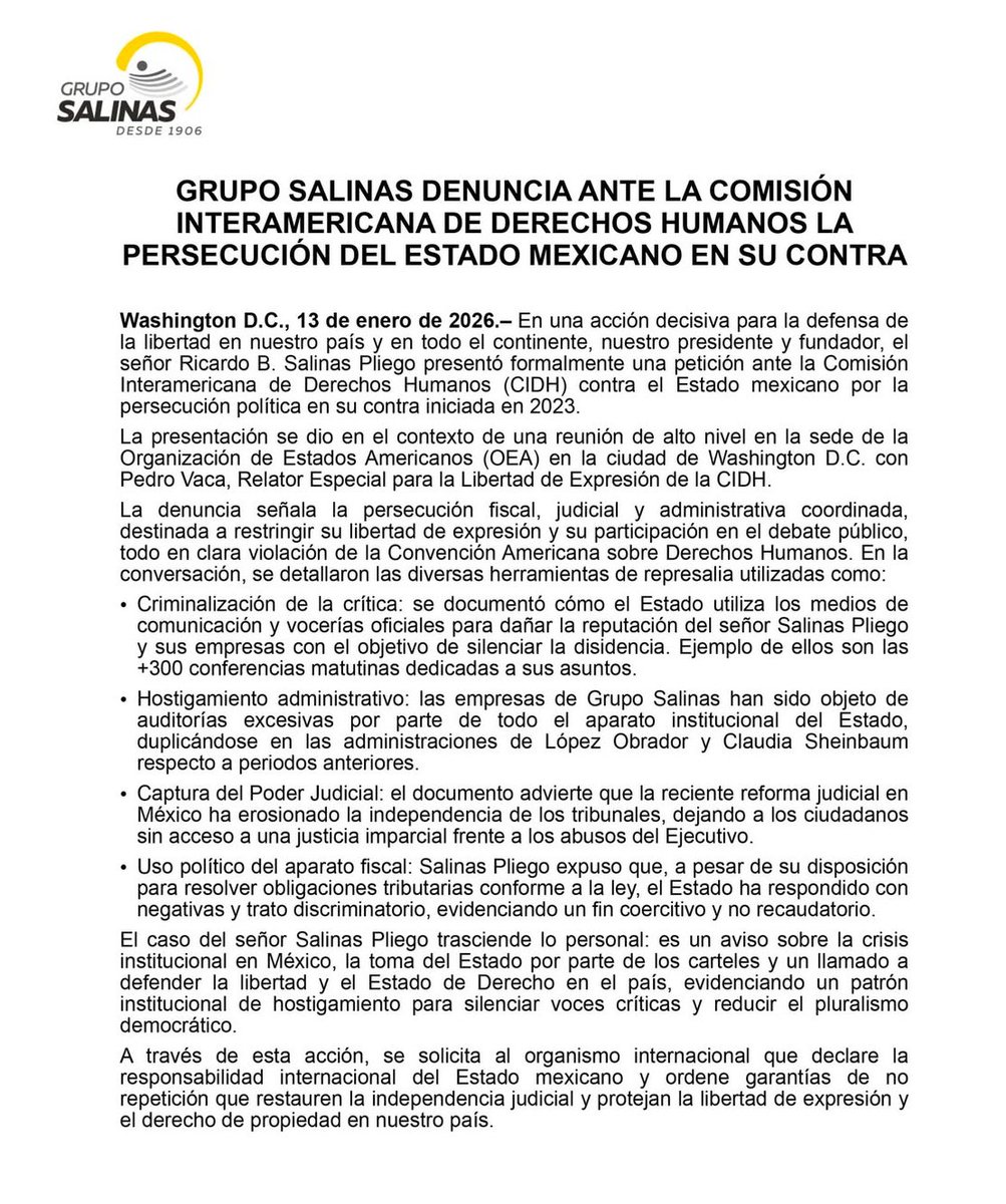 Denuncia <a href="/gruposalinas/">Grupo Salinas</a> ante Comisión Interamericana de Derechos Humanos persecución del Estado mexicano 

La denuncia detalla las herramientas utilizadas:

-criminalización de la crítica

-hostigamiento administrativo

-captura del Poder Judicial

-uso político del aparato fiscal