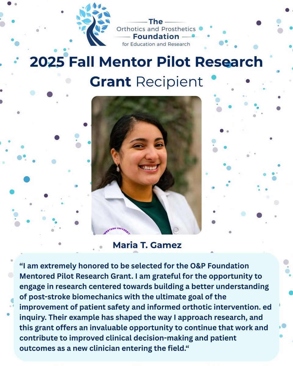 👏 Congrats to Maria T. Gamez on receiving the 2025 Fall Mentored Pilot Research Grant from the O&amp;P Foundation! NCOPE is proud to sponsor this year’s grant and looks forward to Maria’s research outcomes.

Learn more: buff.ly/PzpqL4i