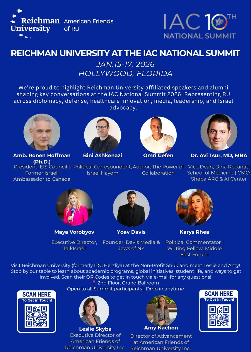 We're proud to join the IAC National Summit 2026 in FL 🇮🇱🇺🇸

📍 Visit us at the Shuk and meet Leslie Skyba &amp; Amy Nachon to learn about <a href="/ReichmanUni/">אוניברסיטת רייכמן Reichman University</a>.
🎤 Proud to spotlight RU alumni &amp; affiliated speakers
#IACSummit2026 #ReichmanUniversity #RUInternational #IsraeliAmericanCommunity