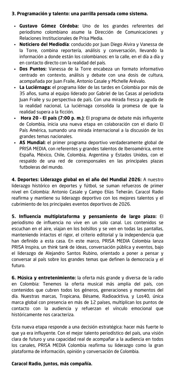 <a href="/CaracolRadio/">Caracol Radio</a> <a href="/WRadioColombia/">W Radio Colombia</a> "Juntos más compañía". 76 estaciones radiales en 37 ciudades y más de 25 departamentos. Orgulloso del Servicio Informativo y de todo el equipo. Se suma @JSanchezCristo en #6AMW