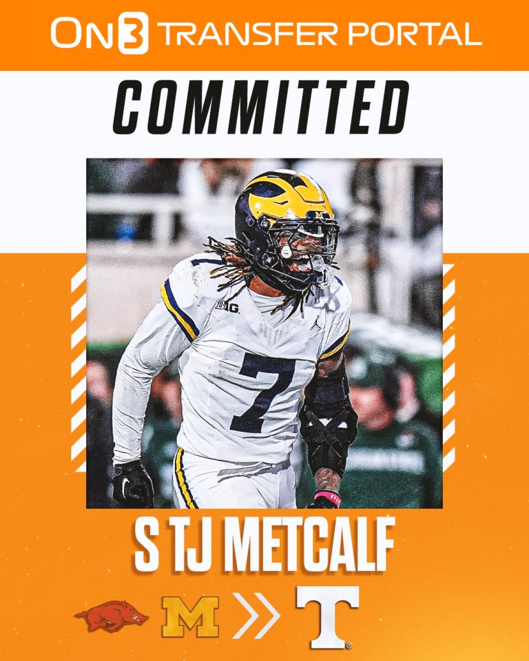 TransferPortal's tweet image. BREAKING: Michigan starting safety TJ Metcalf has signed with Tennessee, @PeteNakos reports🍊

on3.com/news/michigan-…