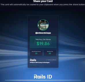 Just generated my Rails ID off $19.86 of DEX volume.

Grab your ID and plug into Rails Play, the newest product from <a href="/rails_xyz/">Rails</a> designed to teach you how to trade perps, for boosted Points: quest.rails.xyz/onboard?r=edwa…