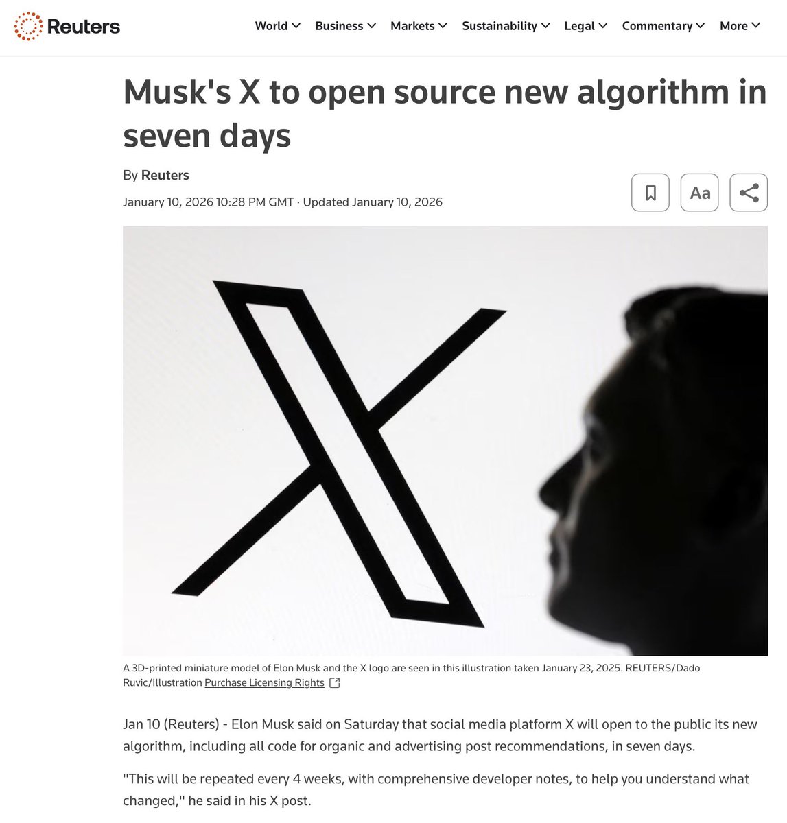 Noch so eine Nachricht, die im deutschen Sprachraum kaum vorkommt:

Die EU-Regulierungsbehörden wollen Zugriff auf den X-Algo, um ihn zu kontrollieren und um Einfluss zu nehmen.

Elon Musk hat nun geantwortet. Ziemlich geil:

“Hier habt ihr ihn, aber alle weltweit können ihn