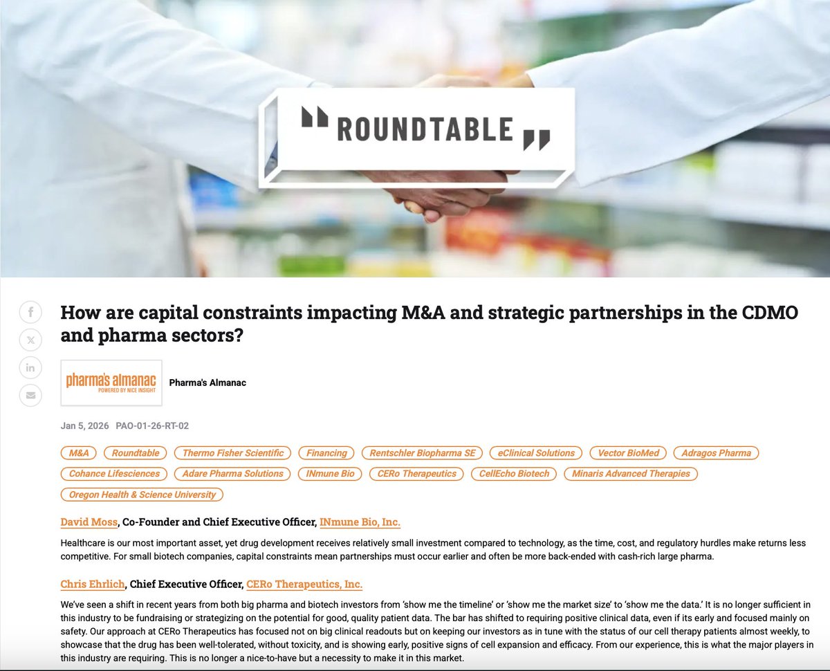$CERo's CEO, Chris Ehrlich, joins industry leaders in a <a href="/pharmasalmanac/">Pharma's Almanac</a> roundtable exploring how capital constraints are shaping M&amp;A activity and strategic partnerships across pharma and CDMOs.

Check out the full roundtable: bit.ly/4aI2spW

#Biotech #PharmaTrends #CDMO