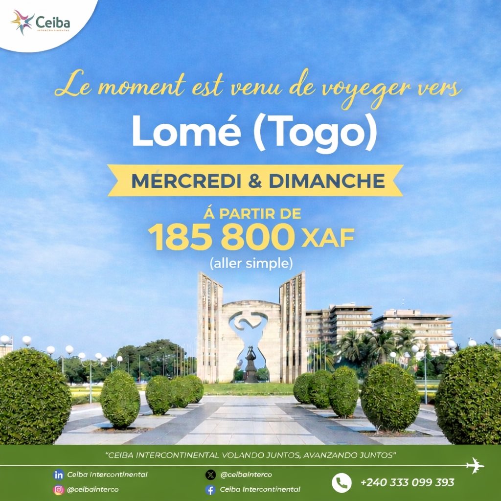 ✈️ Malabo – Lomé
Conectamos Guinea Ecuatorial con Togo para acercarte a nuevas oportunidades, negocios y experiencias.
Viaja cómodo, seguro y con confianza.

📍 Reserva ahora y vuela sin complicaciones.
Volando juntos, avanzando juntos.

#Malabo #Lomé #CeibaIntercontinental