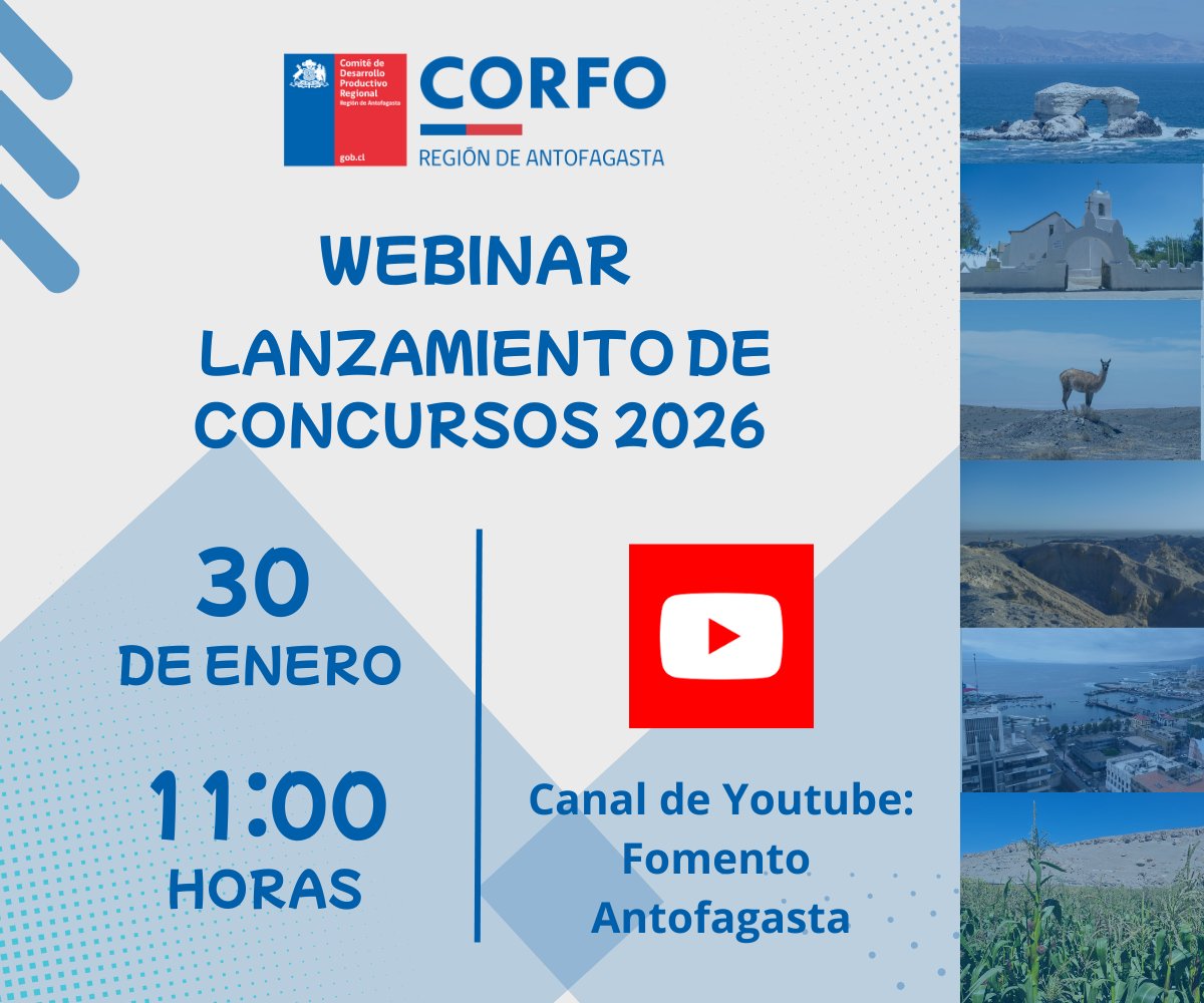 📢 ¡Atención Región de Antofagasta!

Este 📅 30 de enero a las ⏰ 11:00 horas realizaremos el lanzamiento de los concursos disponibles para el año 2026.

🙌 ¡Te esperamos!

#Antofagasta #Calama #Tocopilla #Taltal #MaríaElena #SierraGorda #Ollagüe #SanPedrodeAtacama #Mejillones