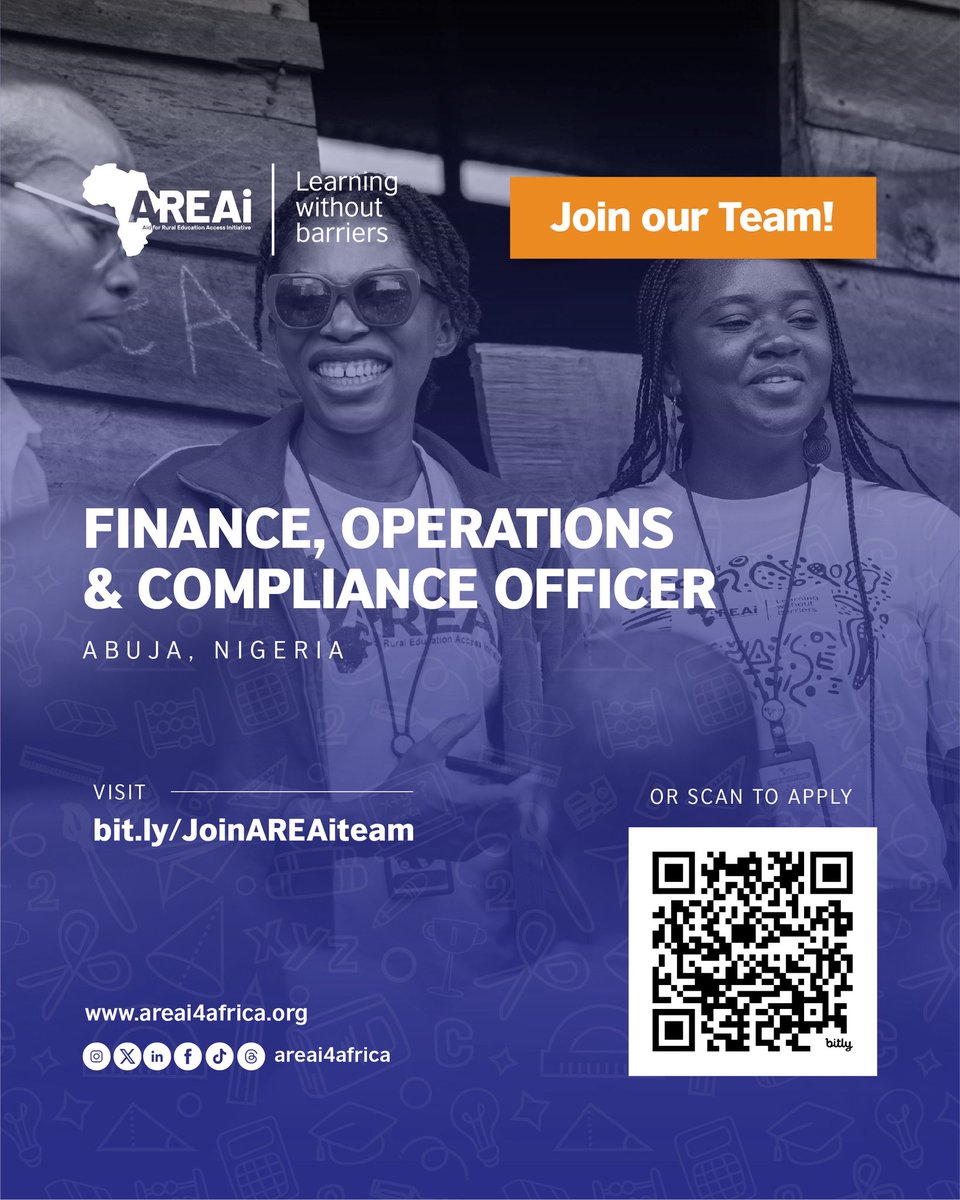 🚀 Join Our Team!

AREAi is hiring a Finance, Operations &amp; Compliance Officer to support our work in expanding access to quality education in Abuja, Nigeria.

If you’re passionate about building strong systems, promoting accountability, and contributing to meaningful,