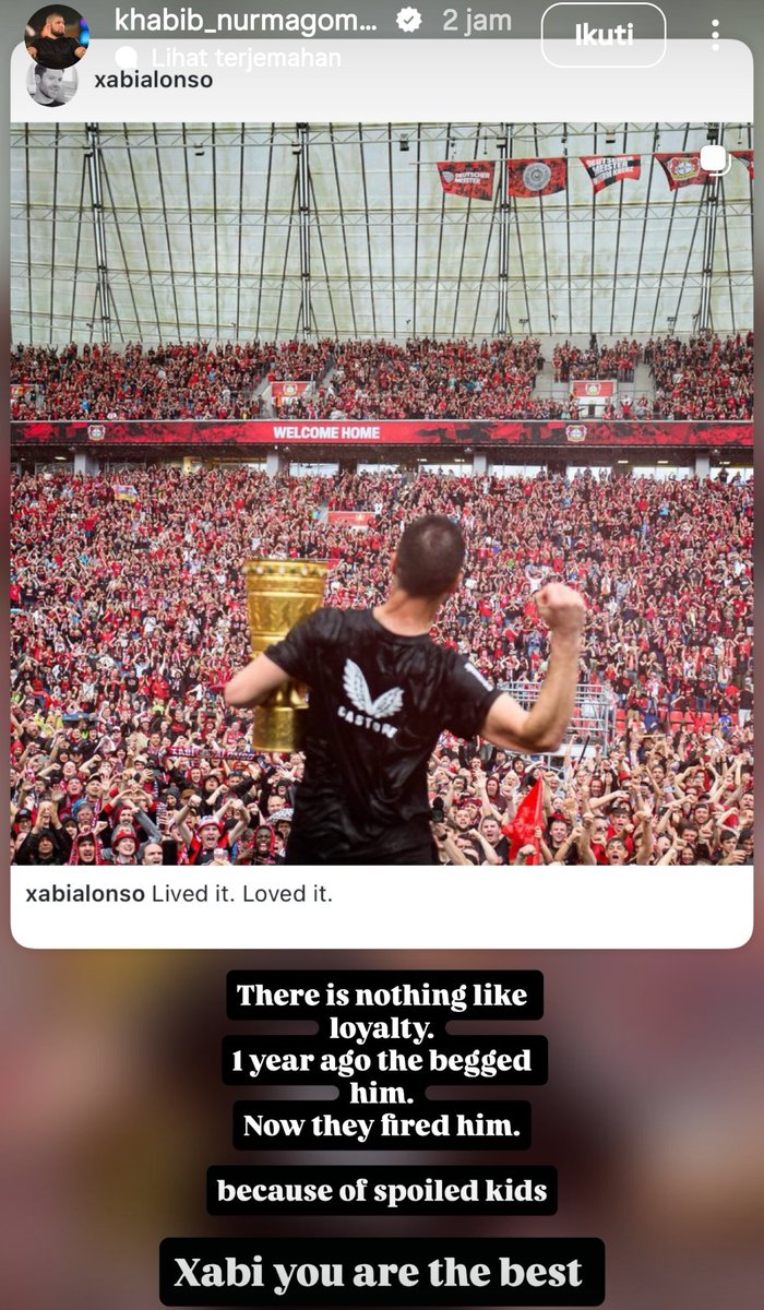🚨 NEW : Melalui Instagram story-nya, Khabib Nurmagomedov mengkritik pemecatan Xabi Alonso.

"Entah kamu masuk ke gym atau ke lapangan, tidak ada bedanya, baik itu petarung atau pesepak bola, sebagai pelatih kepala kamu lah yang memimpin. Tapi jika di timmu ada aura seperti ini,