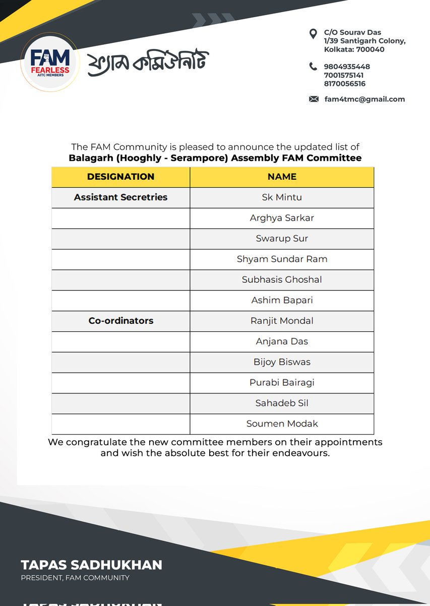 FAM4TMC's tweet image. The FAM Community is pleased to announce the updated list of Balagarh (Hooghly - Serampore) Assembly FAM Committee.

We congratulate the new committee members on their appointments and wish the absolute best for their endeavours. 

#FAM4TMC