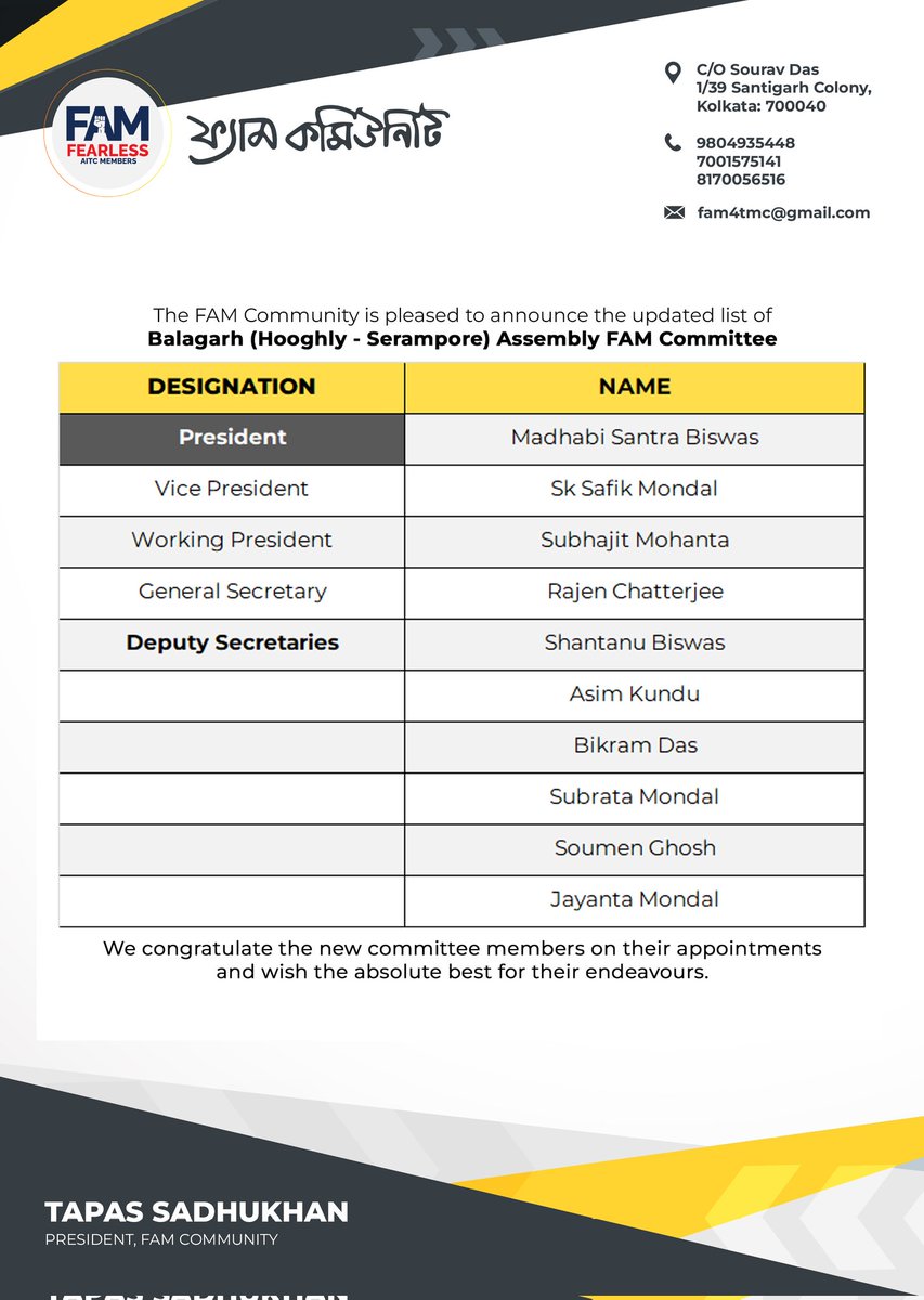 FAM4TMC's tweet image. The FAM Community is pleased to announce the updated list of Balagarh (Hooghly - Serampore) Assembly FAM Committee.

We congratulate the new committee members on their appointments and wish the absolute best for their endeavours. 

#FAM4TMC