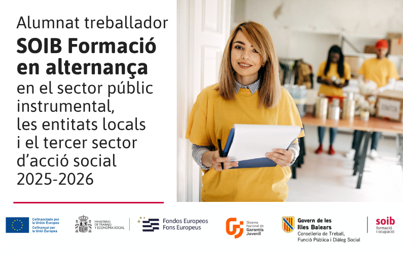 SOIBgoib's tweet photo. 🔝OFERTES VIGENTS #SOIB Formació en alternança en el sector públic instrumental, les entitats locals i el tercer sector d’acció social. Formació teòrica i experiència pràctica remunerada en el marc del contracte de formació en alternança.
ℹ️✍️ https://t.co/6UxaxXULUV
➕👇 https://t.co/KvEjxUIvBt