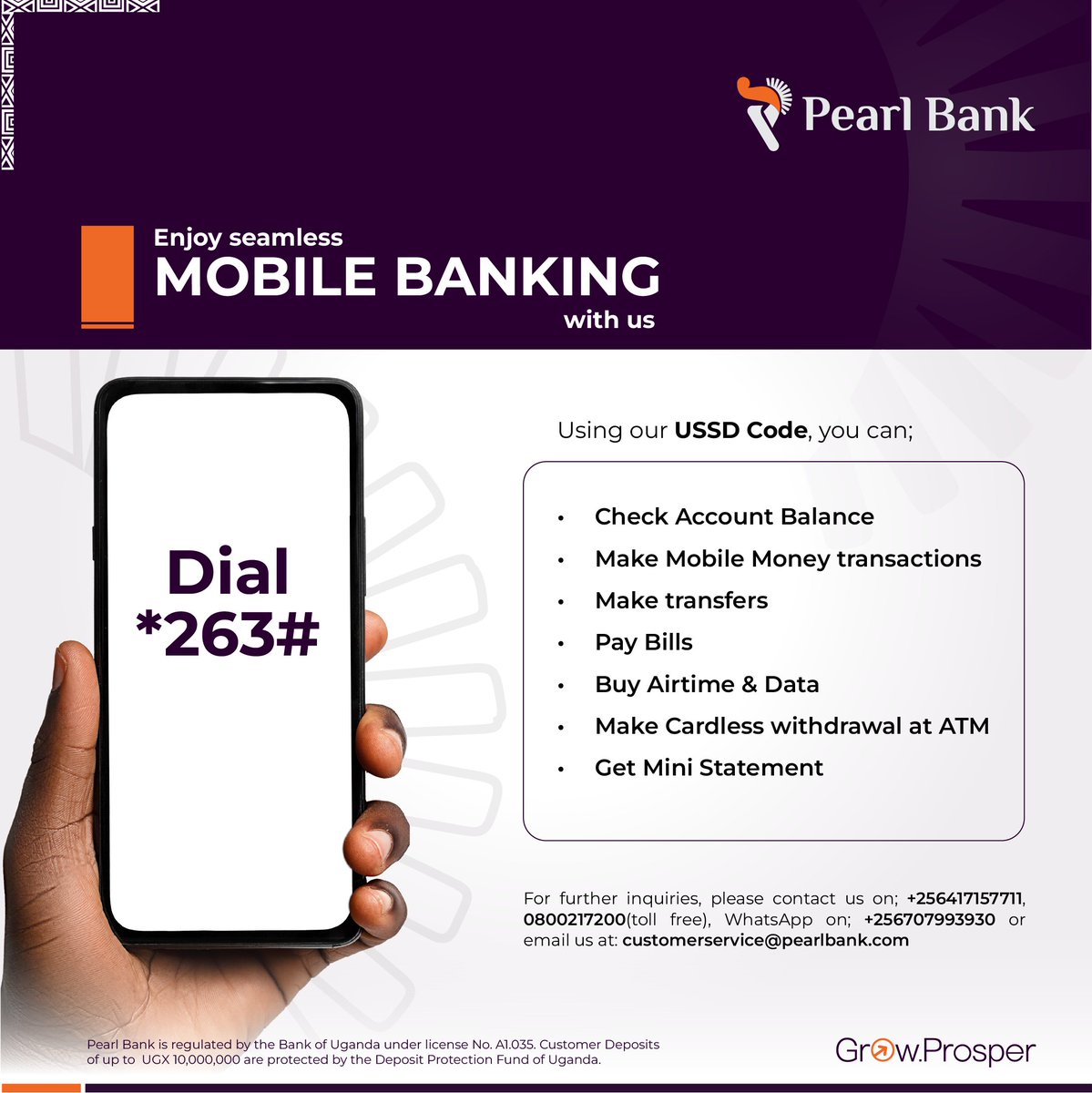 pearlbank_ug's tweet image. Did you know you can do all this by dialing *263#?

• Check account balance
• Transfer money
• Pay bills
• Buy airtime &amp;amp; data
• Withdraw cash card-free
• Get mini statements

Pearl Bank makes banking simple.
#PearlBankUG #GrowProsper #MobileBanking