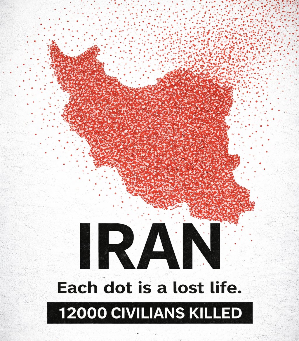 Reports say the countrywide protests of the past two weeks in #Iran were met with a deadly street crackdown, with at least 12,000 people killed. A near-total internet shutdown began on Thursday, 08 Jan, &amp; continued afterward, limiting communication &amp; independent verification.
1/2