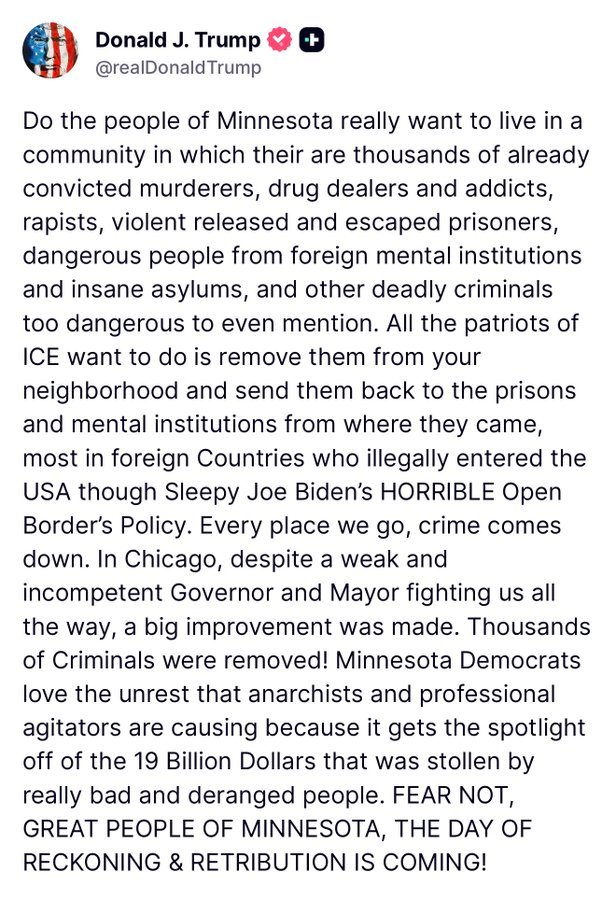 DerrickEvans4WV's tweet image. 🚨 President Trump: “FEAR NOT, GREAT PEOPLE OF MINNESOTA, THE DAY OF RECKONING &amp;amp; RETRIBUTION IS COMING!” 

Say it louder, President Trump. 🇺🇸