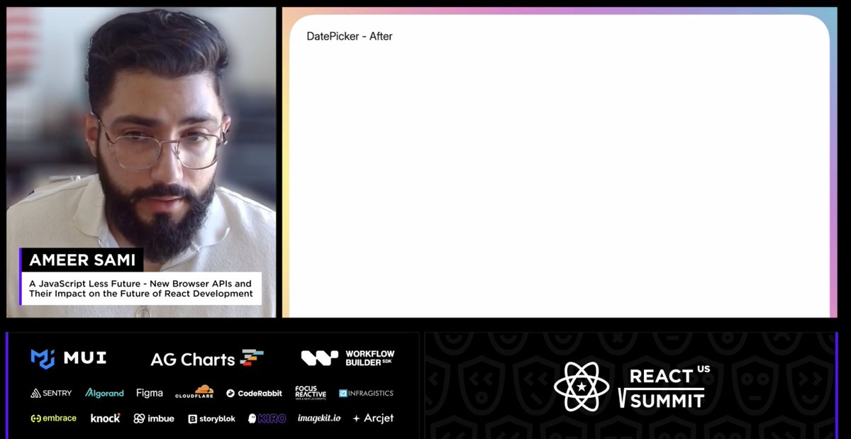 ReactSummit's tweet photo. Great takeaways from @ameercodes on the impact of powerful browser APIs like #popover, #anchor, #Navigation, #ViewTransition, #interpolatesize, and more on the future of React development.
Exciting prospects for less JavaScript in interaction logic: https://t.co/yQhbmCyAVe https://t.co/HTFdPGqVm6