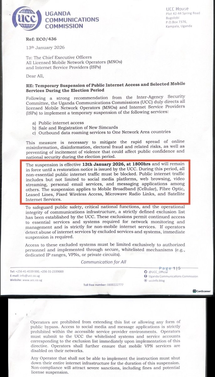Uganda shuts down the internet indefinitely 2 days before general election, blocks social media, messaging, and VPN access.

A week ago, the Ugandan government denied it would do this. What changed?