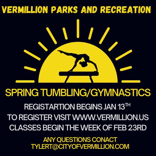 VermParksandRec's tweet photo. 🤸‍♀️ Spring Tumbling &amp; Gymnastics is here! 🌞

Vermillion Parks &amp; Recreation registration opens January 13th!
Classes begin the week of February 23rd.

👉 Register at 
https://t.co/gGD2CwZE3g

📧 Questions? tylert@cityofvermillion.com

Spots fill fast—don’t miss out! https://t.co/9p8IVeDB2E
