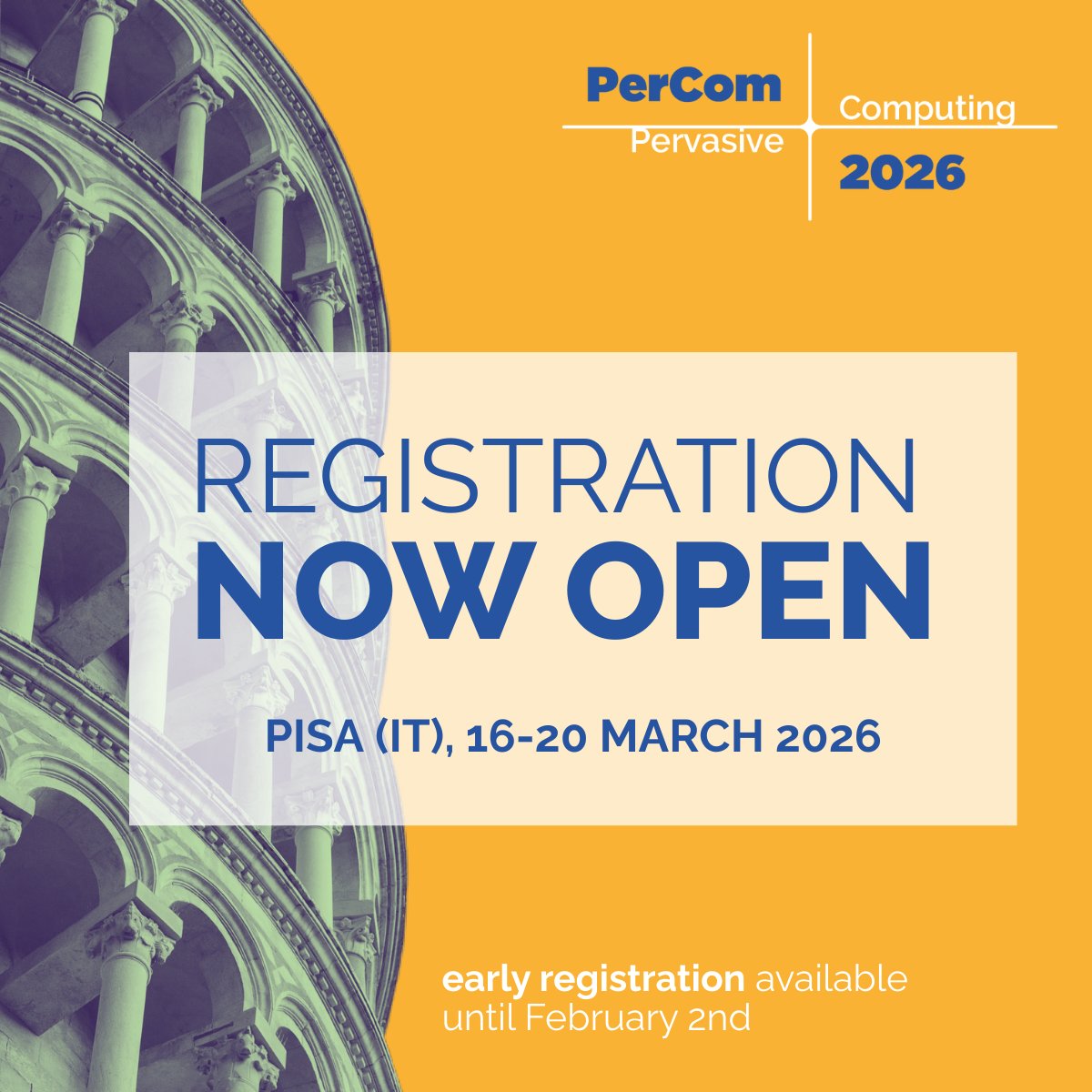 IEEEPerCom's tweet photo. 📌 #Registration now open for #PerCom2026!

📝 Each #accepted paper requires a full-rate registration
#Discounts available for @IEEEorg members and students

⏳ Early bird rates end Feb 2, 2026 (AoE)

🔗 https://t.co/SVyr84eZrv https://t.co/KfGuh7g7fC