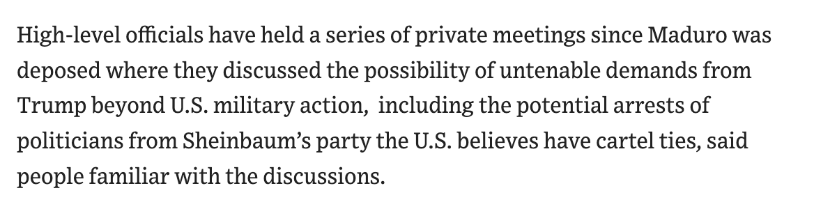 azucenau's tweet image. 📰The Wall Street Journal publica que, tras la captura de Nicolás Maduro, funcionarios de alto nivel del gobierno de México han discutido cómo responder a exigencias "insostenibles" de Donald Trump para detener a presuntos 'narcopolíticos' ligados a Morena.

- Hubo reuniones…