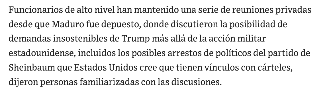 azucenau's tweet image. 📰The Wall Street Journal publica que, tras la captura de Nicolás Maduro, funcionarios de alto nivel del gobierno de México han discutido cómo responder a exigencias "insostenibles" de Donald Trump para detener a presuntos 'narcopolíticos' ligados a Morena.

- Hubo reuniones…