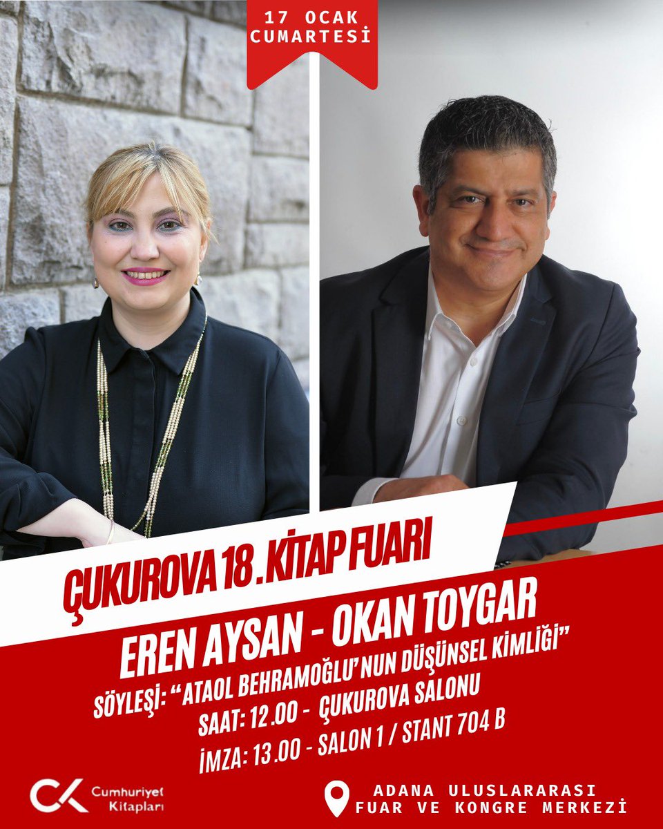 Çukurova 18. Kitap Fuarı’nda yazarımız Eren Aysan ve Okan Toygar, 17 Ocak Cumartesi günü saat 12.00’de “Ataol Behramoğlu’nun Düşünsel Kimliği” söyleşisi ile okurlarıyla buluşacak. Ardından, Cumhuriyet Kitapları standında kitaplarını imzalayacak. 

Tüm okurlarımızı bekliyoruz.