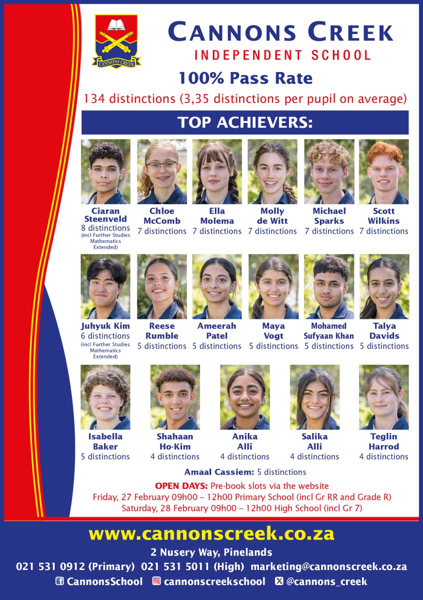 Congratulations to the Cannons Creek Matric Class of 2025 for a phenomenal set of results - 100% pass rate for the 23rd consecutive year, with a 97,5% Bachelors Pass. Click here to read more cannonscreek.co.za/cannons-creek-… #MatricResults2025 #matric2025
