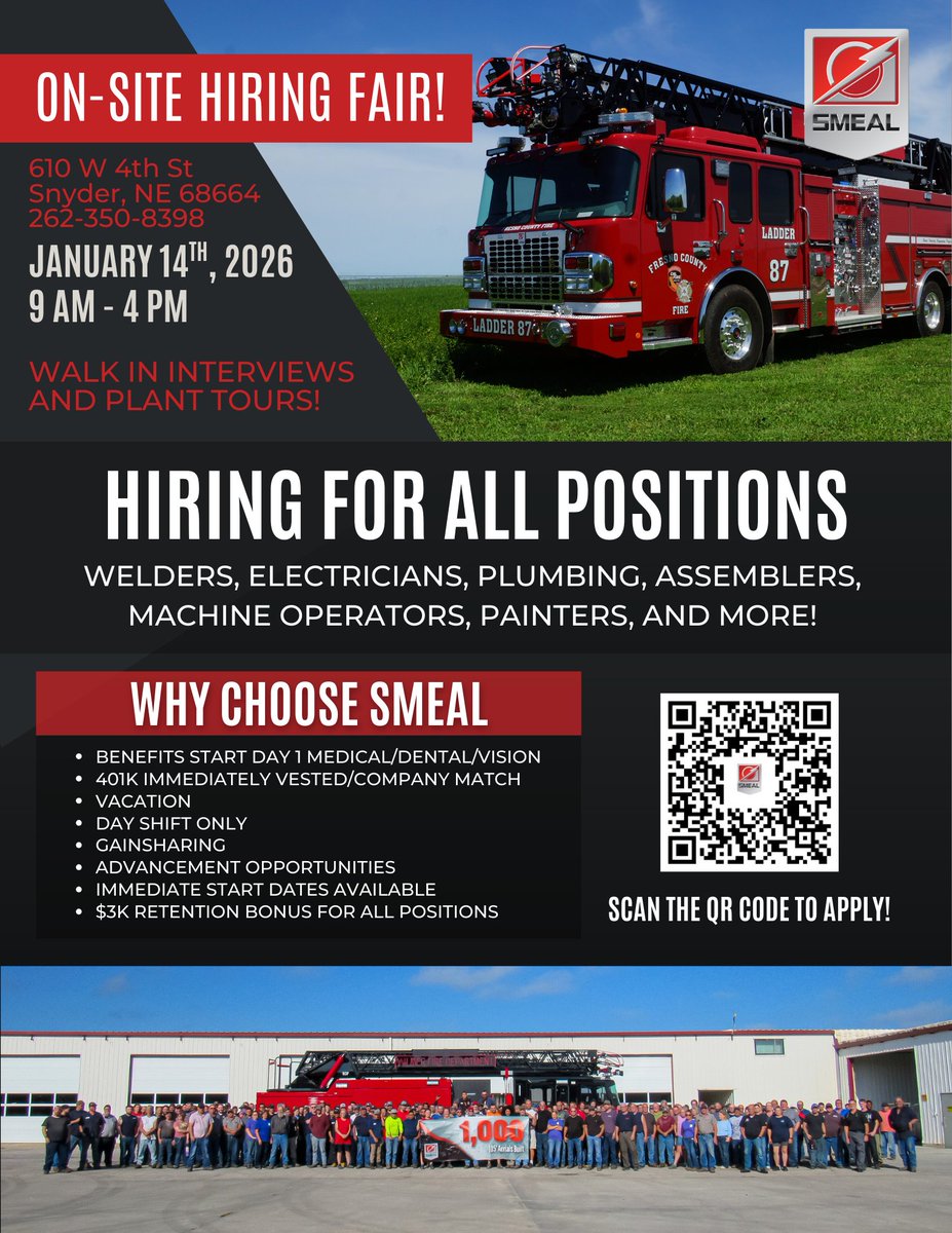 Just one day away from our on-site hiring fair set for  9 a.m. to 4 p.m. Jan 14! We're hiring for all positions including welders, painters, assemblers, electricians, plumbers, machine operators and more. #Smeal #firetruck #manufacturing #snyderjobs #nebraskajobs