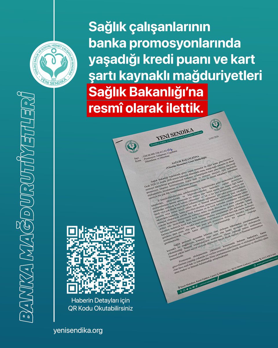 YenisendikaORG's tweet image. Sağlık çalışanlarının banka promosyonlarında yaşadığı kredi puanı ve kart şartı kaynaklı mağduriyetleri Sağlık Bakanlığı’na resmî olarak ilettik.

Sözleşmelerde yer alan sıfır faizli kredi, para puan ve ilave mali hakların tüm sağlık personeli tarafından eşit ve fiili şekilde…