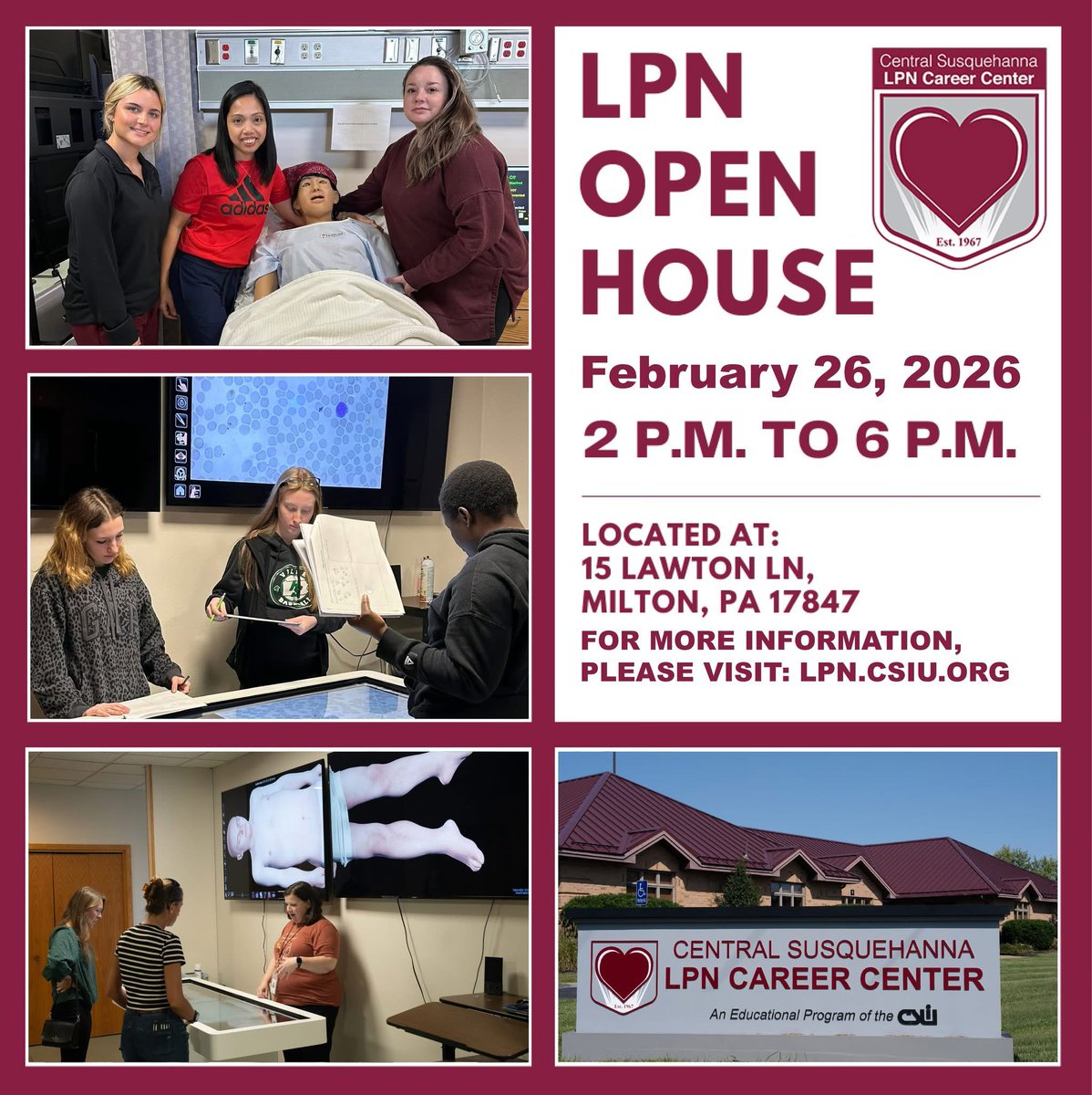 👩‍⚕️🧑‍⚕️Get #CareerReadyPA! Check out the Central Susquehanna LPN Career Center Open House next month!
