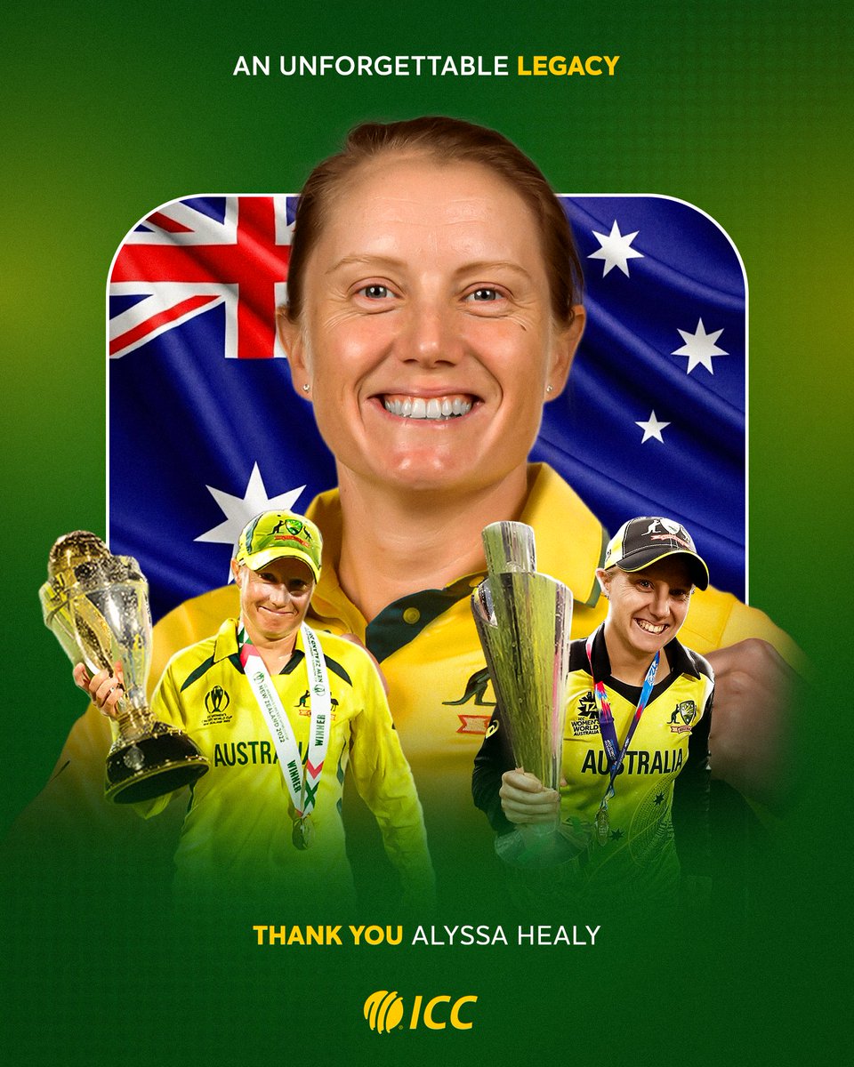 ICC's tweet photo. 𝘼 𝙘𝙖𝙧𝙚𝙚𝙧 𝙩𝙤 𝙘𝙝𝙚𝙧𝙞𝙨𝙝!

Australia legend Alyssa Healy conquered countless milestones during her time in international cricket 💪 https://t.co/5VJSyB9QS1