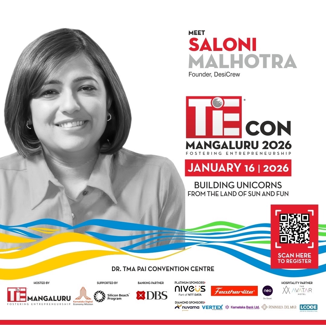 TiEMangaluru's tweet photo. @salonimalhotra  of DesiCrew joins TiECon Mangaluru 2026, sharing insights on inclusive entrepreneurship and building impact driven businesses.

📍 Dr. TMA Pai International Convention Centre, Mangaluru
🗓 January 16, 2026

🎟 Book tickets: https://t.co/S1tfyNVmVn
#TiEConIXE https://t.co/9IXErkwcSA