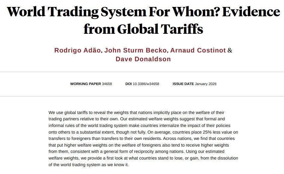 nberpubs's tweet photo. A study of whether the world trading system promotes tariff cooperation finds that countries internalize most, but not all, of their impacts on one another and reciprocate altruistic behavior, from Rodrigo Adão, John Sturm Becko, Arnaud Costinot, and Dave Donaldson https://t.co/cvrmH7Qm5N