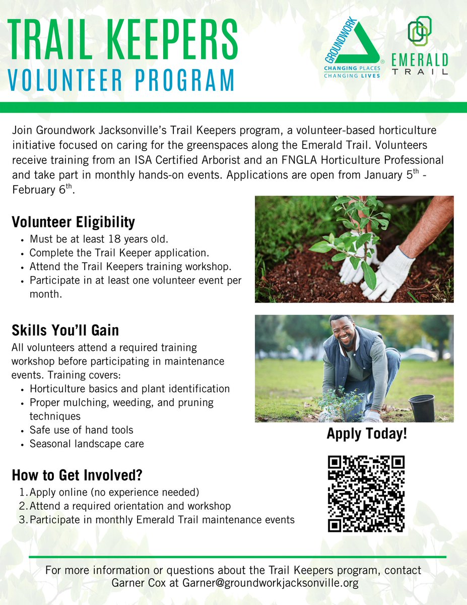 GroundworkJax's tweet photo. Ready to make a lasting impact? Applications are now open for our Trail Keepers program... learn horticulture skills while caring for the #emeraldtrailjax . Apply by 2/6/26.
Learn more: https://t.co/XILLd2upCk #groundworkjax
#jacksonvillefl #horticulture https://t.co/QsZHvaYxfh