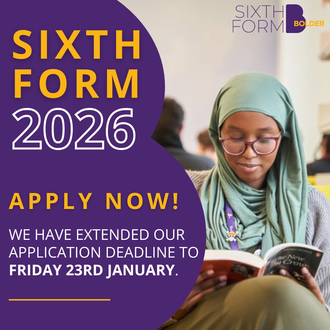 We know choosing your next steps is a big decision, so we&rsquo;ve extended our Sixth Form application deadline by one week.

Deadline: Friday 23rd January

If you&rsquo;re still considering your options and want to be part of a supportive Sixth Form community, there&rsquo;s still time to apply. Image