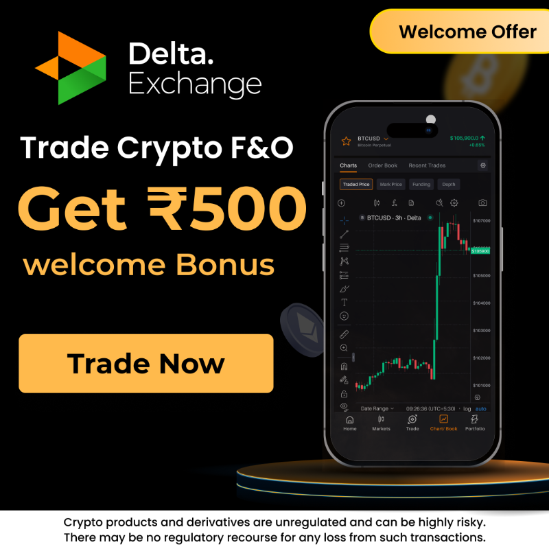 Delta_Exchange's tweet photo. Get ₹500 Welcome Bonus, Trade Crypto F&amp;O.