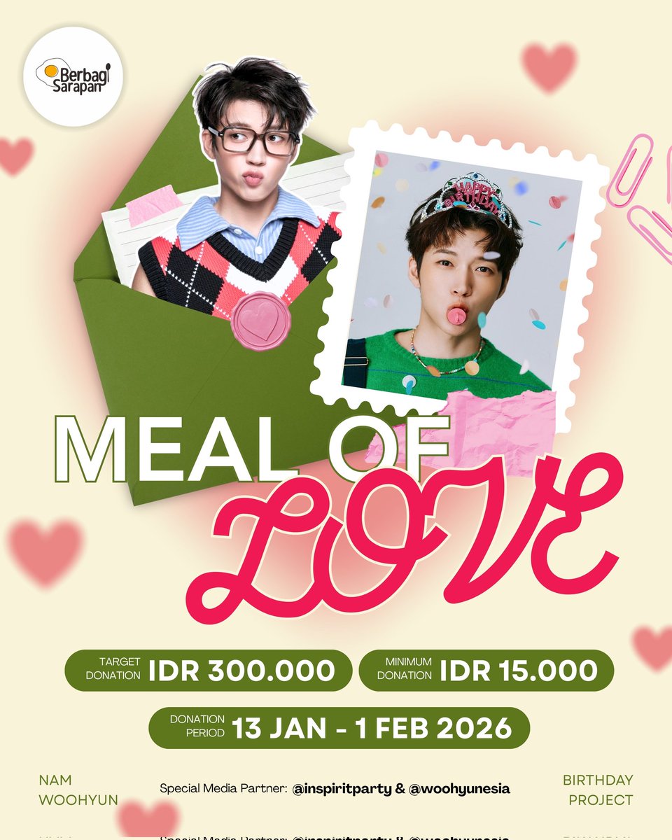 >> Help Repost <<

💛 Meal of Love: INFINITE Woohyun Birthday Donation 💛

🍱 Target Donasi: IDR 300.000
🍱 Min Donasi: IDR 15.000
🍱 Deadline Donasi: 13/01 - 01/02
🔗 LINK DONASI: forms.gle/BaawWY8CouxD7e…

Supported by <a href="/inspiritparty/">Inspirit Party 🎉</a> <a href="/woohyunesia/">NAM WOOHYUN INDONESIA FANBASE🇲🇨</a> 💛