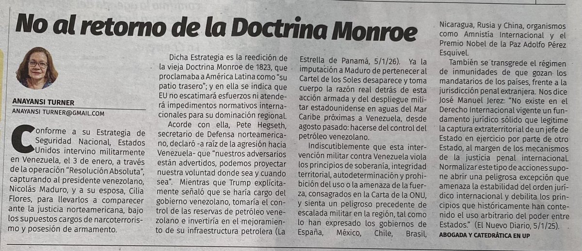 Mi artículo de hoy, en El Siglo: “No al retorno de la Doctrina Monroe” (13/1/26)