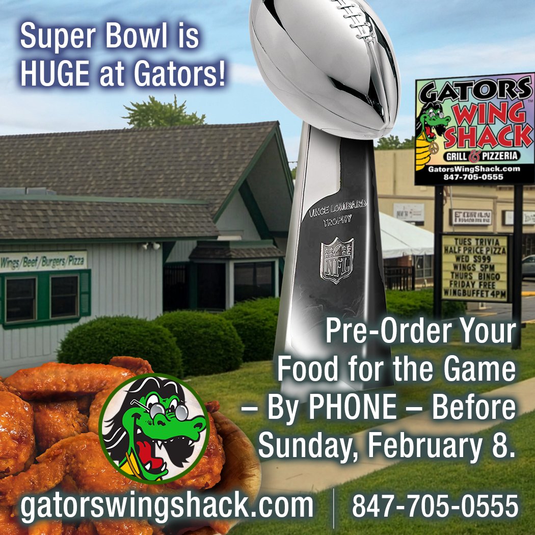 GATORSWINGSHACK's tweet image. SUPER BOWL IS HUGE AT GATORS!
On February 8, @GatorsWingShack will be open for TAKEOUT ONLY. CLOSED for Dine-In and there will be NO Deliveries.
PreOrder NOW Gators' Wings and Pizza to Enjoy the game at home and get your pick up time GUARANTEED!
CALL: 847-705-0555