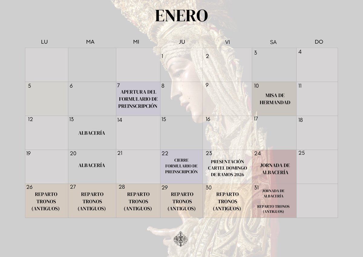 📆 #CALENDARIO |  

Con la llegada de los meses de mayor actividad y la cercanía de la Cuaresma, comenzamos a compartir con vosotros el calendario mensual de cultos y actos de la Hermandad.  

Aquí tienes las citas previstas para enero. ¡Vívelas con nosotros! 🤍  

#CofradíasMLG