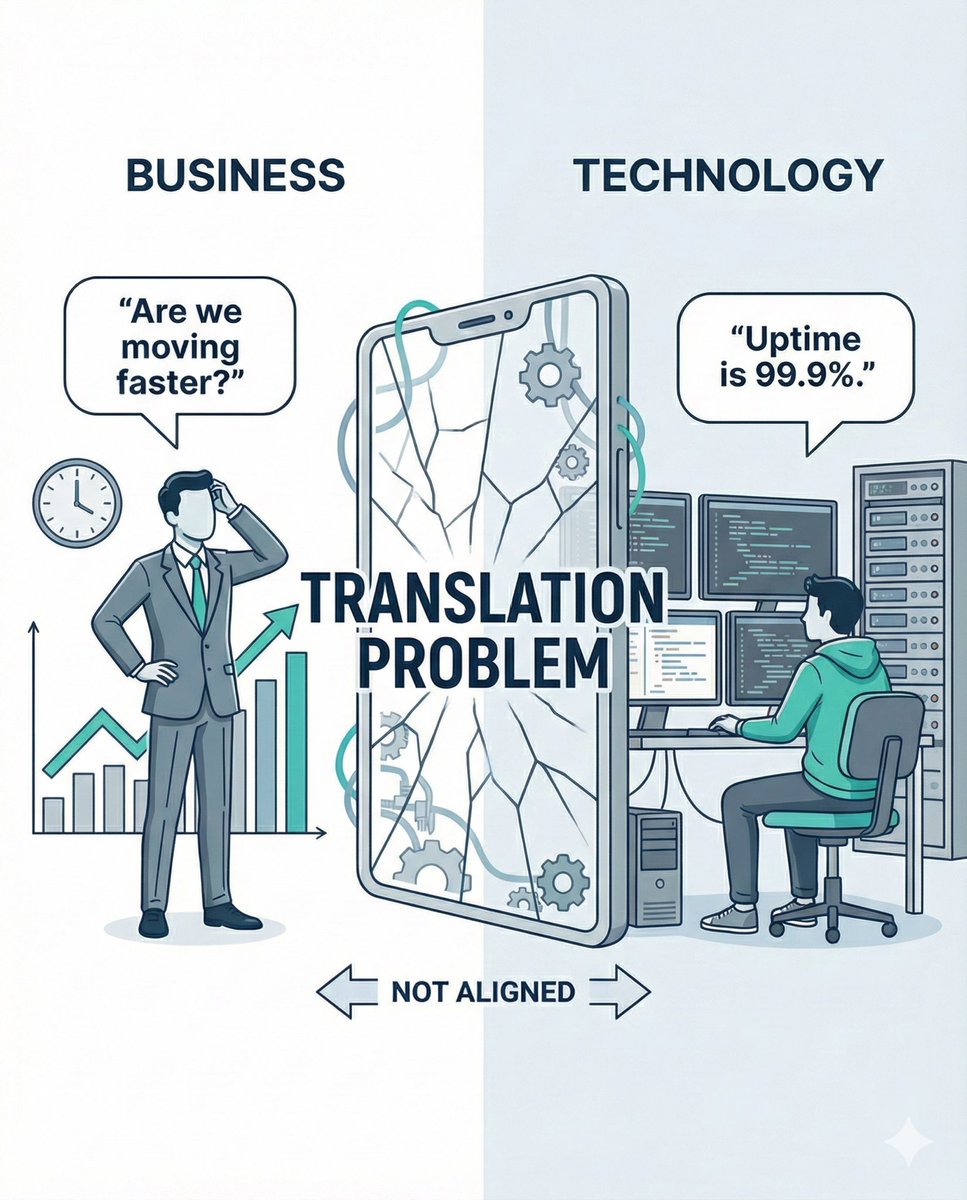 Most founders don’t have a technology problem.
They have a translation problem.

Business asks:
“Are we moving faster?”

Technology answers:
“Uptime is 99.9%.”

Both are correct.
Neither is aligned.