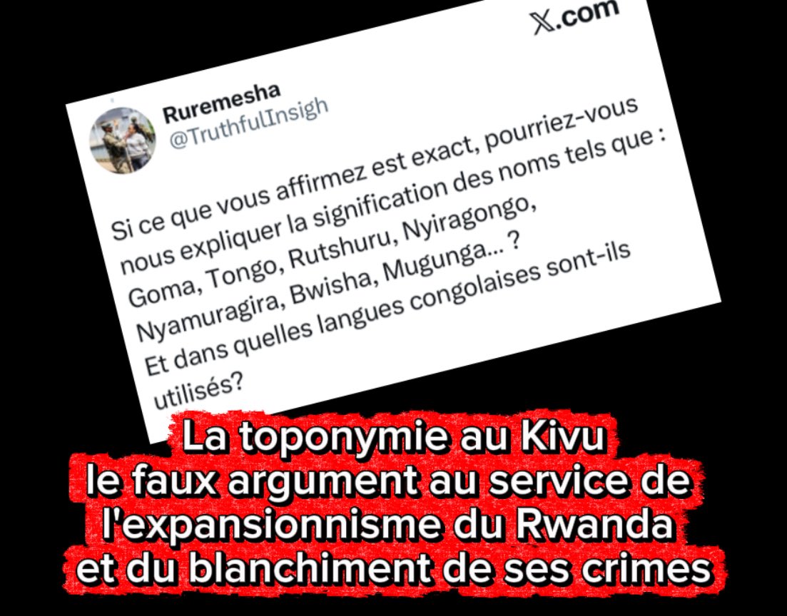 JF_LE_DRIAN's tweet image. Ceux qui prétendent légitimer l’annexion de territoires du Nord-Kivu par le Rwanda (ou l'occupation par l’armée rwandaise) arguant de toponymes en kinyarwanda sont ignorants.

La présence de noms de lieux en kinyarwanda (ou en langues apparentées) ne démontre aucune souveraineté…