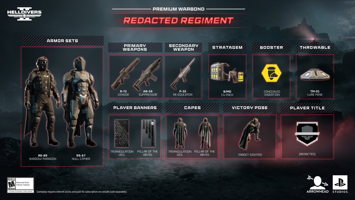 Redacted Regiment highlights include:

Primary:
R-72 Censor -  mid-range precision rifle with an integrated suppressor
AR-59 Suppressor -  fully automatic assault rifle with a non-removable suppressor

Secondary:
P-35 Re-Educator - dartfiring secondary pistol

Stratagem:
B/MD C4