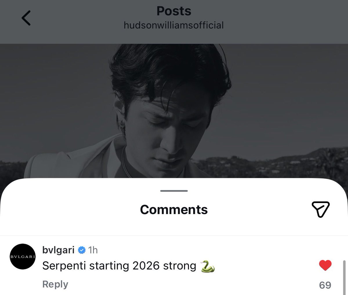 hudsonwupdates's tweet photo. Bvlgari commented under Hudson Williamsβ latest Instagram post
βSerpenti starting 2026 strong πβ https://t.co/2ZbI5nIS5O