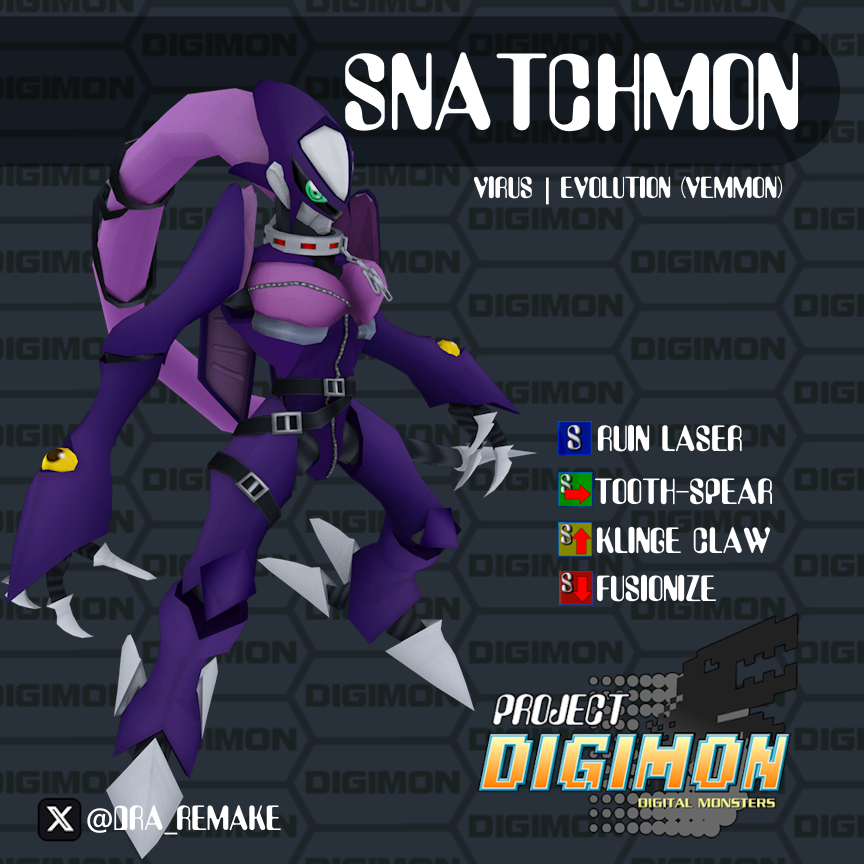 DRA_Remake's tweet photo. Snatchmon is a clever fighter that attacks and absorbs data of foes to rebound in battle. As Snatchmon climbs higher and higher with meter, they shake off the damage dealt to them with fusionize, preparing to strike back tenfold when the time is right.
#Snatchmon #Projectdigimon https://t.co/HjLHN7D9WT