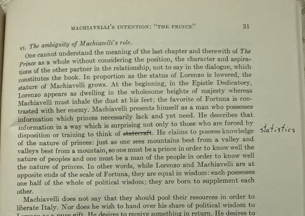 ls_foundation's tweet image. Some typos in the article version of Strauss's essay on Machiavelli's Prince  ("statecraft" --&amp;gt; "statistical data" in the book)