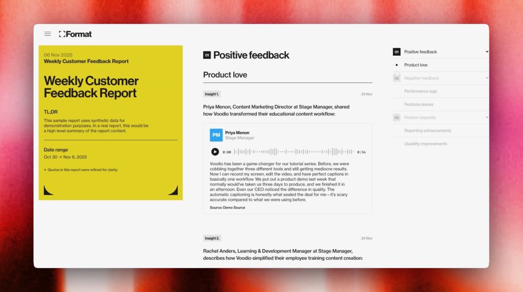 TRY OUR AI TRUTH TELLER 

WE READ EVERY CUSTOMER CONVERSATION AND SEND YOU A WEEKLY REPORT WITH PERSONALIZED INSIGHTS

USEFORMAT.AI