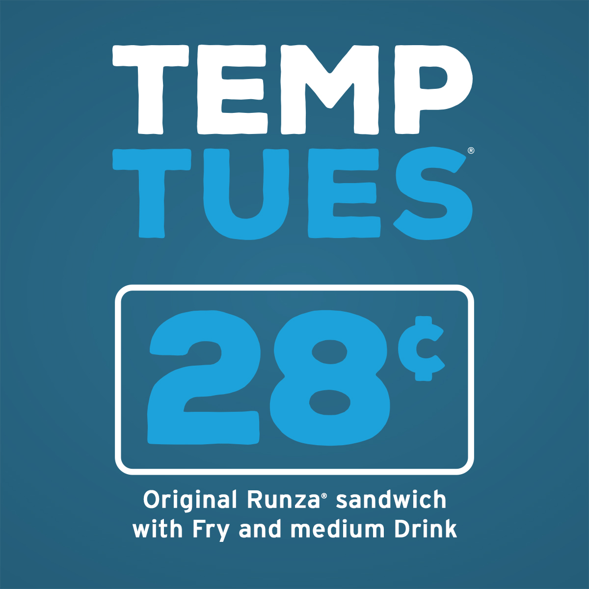 Runza's tweet image. back in a routine. :) 

the coldest temperature in Runza territory at 6am was 28 degrees. that means your Original Runza sandwich is 28¢ today when you purchase fries &amp;amp; a medium drink!